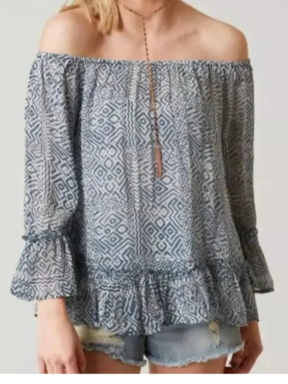Lucky Brand Blue Geometric Off-Shoulder Ruffle Top